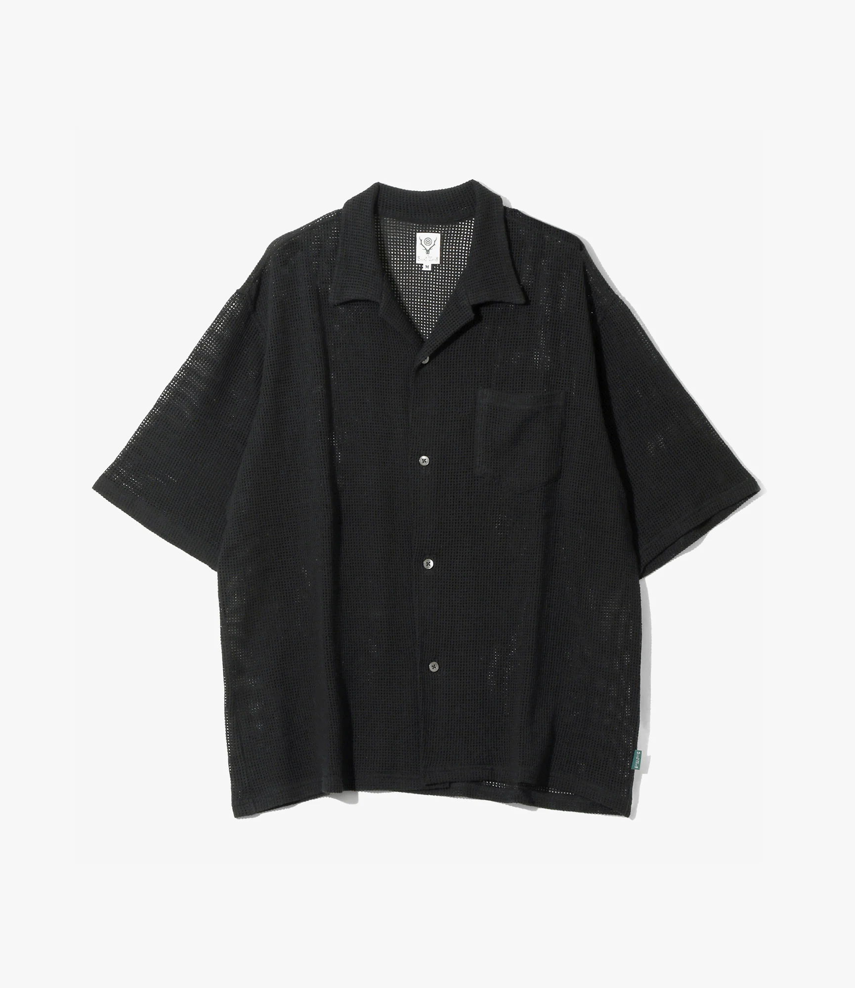 Open Collar Short Sleeve Shirt – Black Cotton Mesh