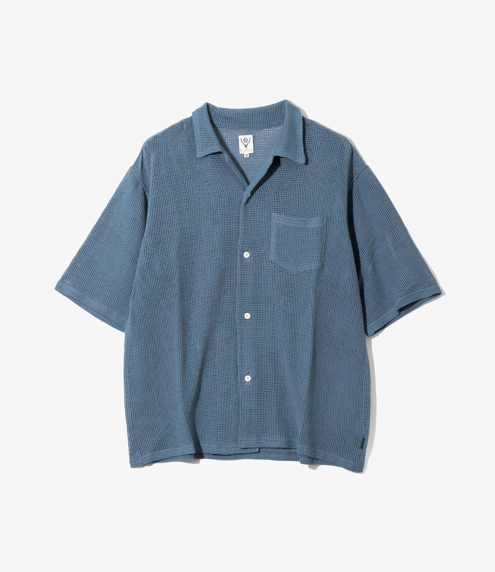 Open Collar Short Sleeve Shirt – Blue Cotton Mesh