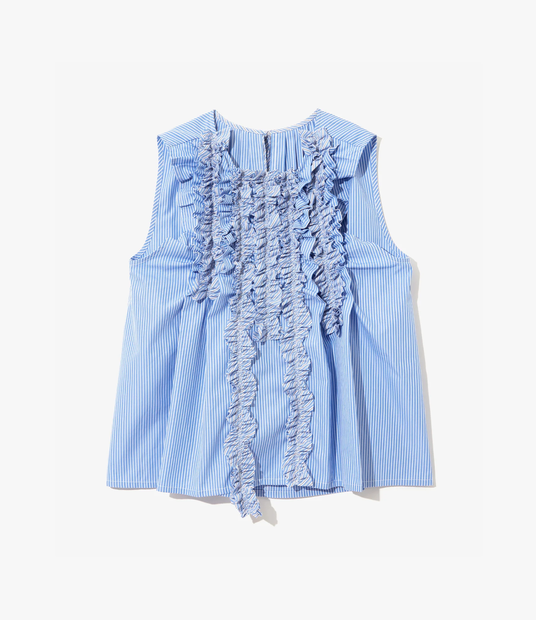 Sleeveless Frill Shirt – Sax Blue Stripe